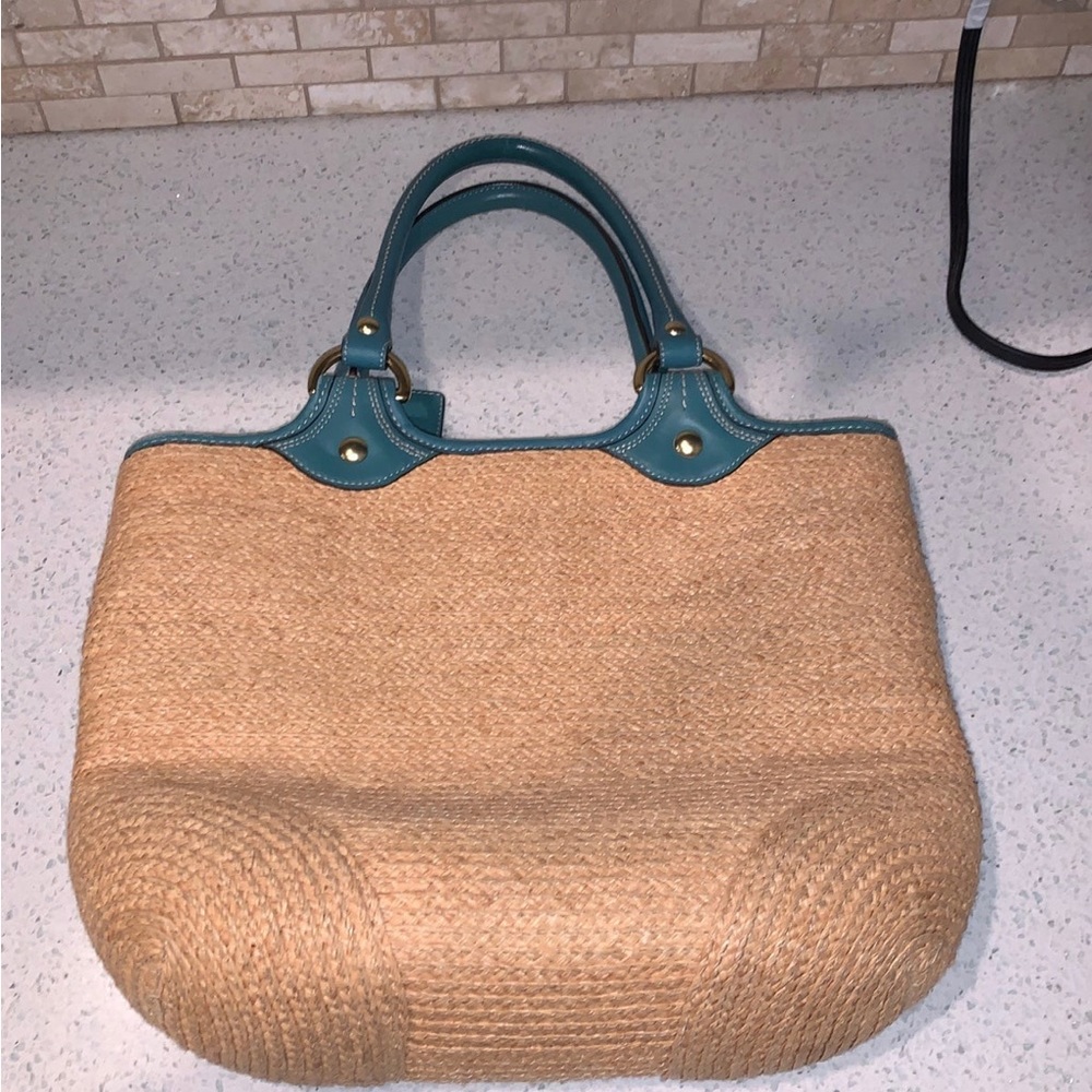 Teal accent beachy straw coach purse BH - Picture 5 of 7